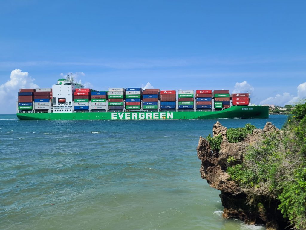 Evergreen container ship near Mombasa representing Kenya freight forwarding and East Africa trade lanes